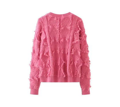 Pullover Pink Fringed Knit Sweater