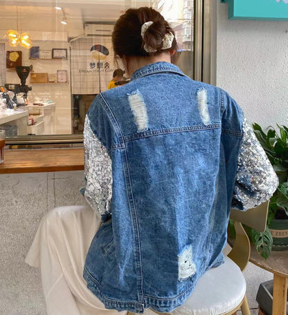 Fashion Sequins Personalized Ripped Denim Jacket