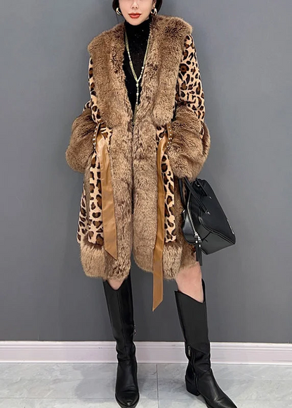 Leopard Fur Collar Printed Patchwork Tie Waist Mink Leather Fur Thick Jacket