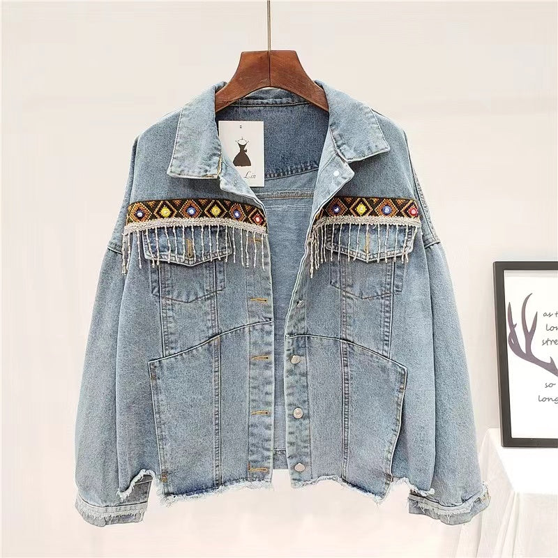 Loose Fringe Embroidered Beaded Denim Jacket