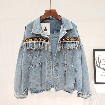 Loose Fringe Embroidered Beaded Denim Jacket