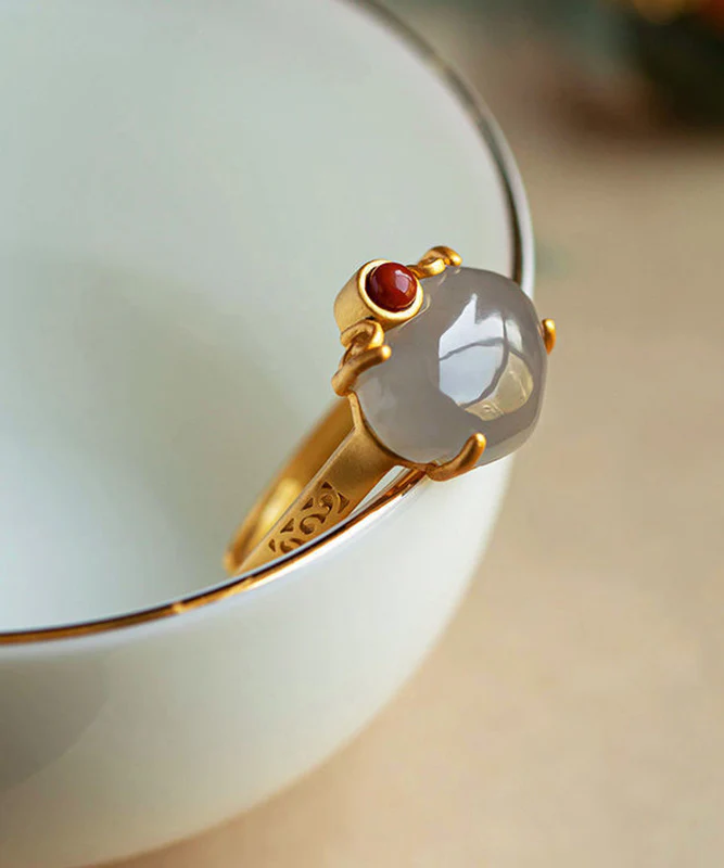 Women's Green Sterling Silver Gold Plated Jade Ring Versatile