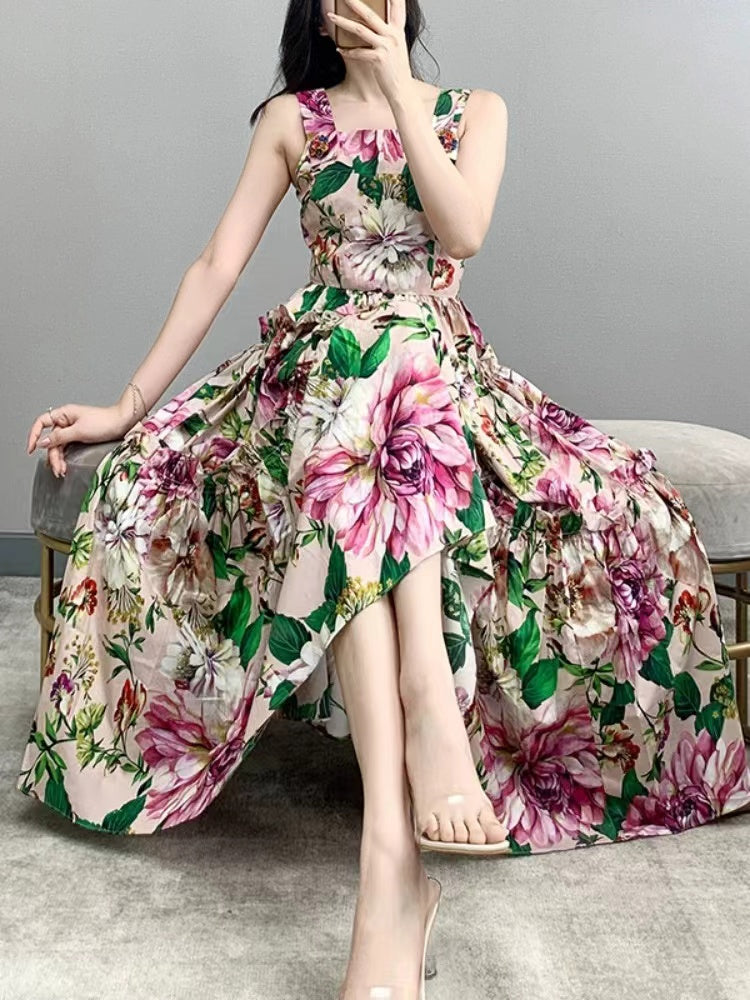 French Printed Halter Cotton Ruffle Long Skirt