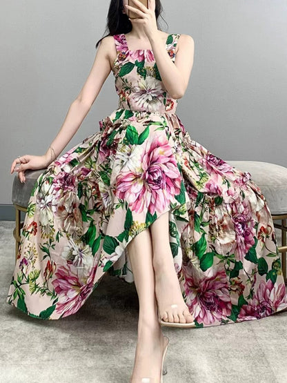 French Printed Halter Cotton Ruffle Long Skirt