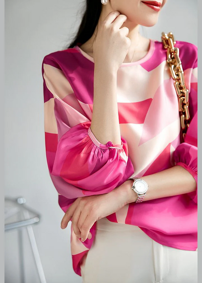 Elegant Round Neck Printed Button Silk Blouse Top