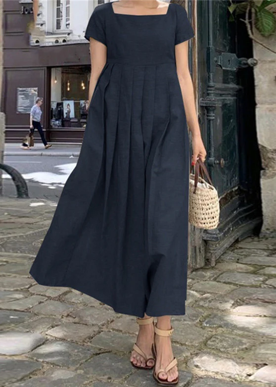 French Square Neck Wrinkled Cotton Short Sleeve Maxi Dress