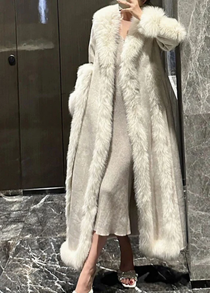 Women's White Fox Collar Patchwork Mouth Long Coat Winter