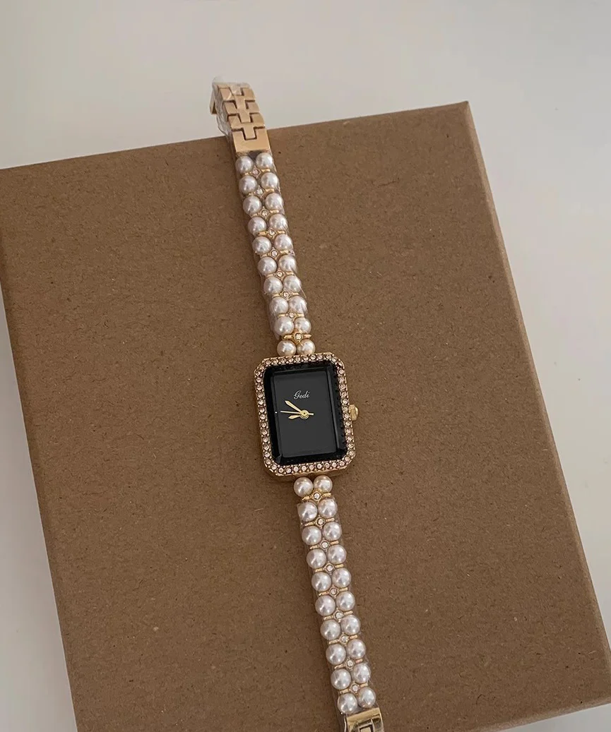 Women's Black Metal Square Chain Pearl Watch