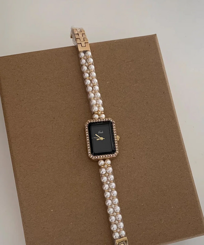 Women's Black Metal Square Chain Pearl Watch