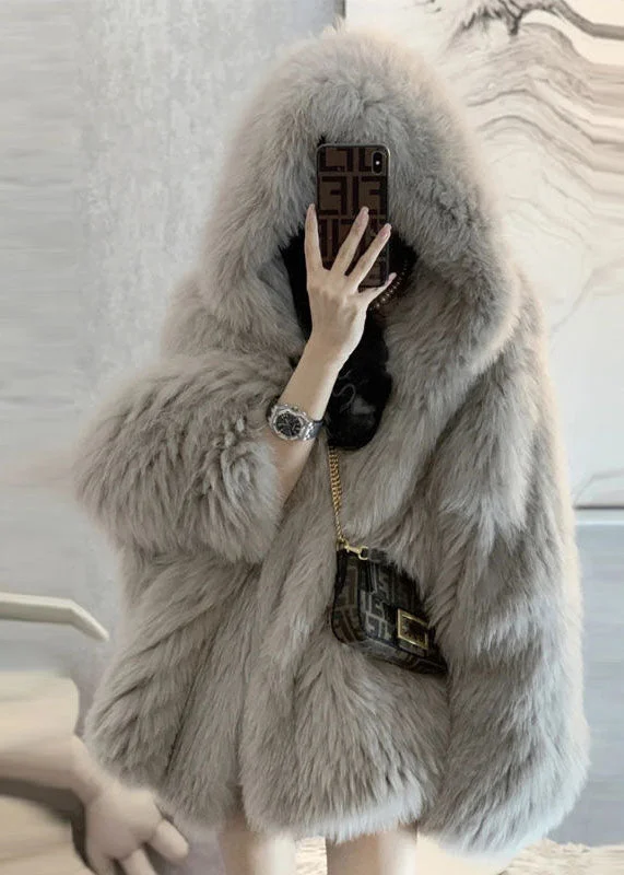 Women's Light Grey Hooded Patchwork Furry Plush
