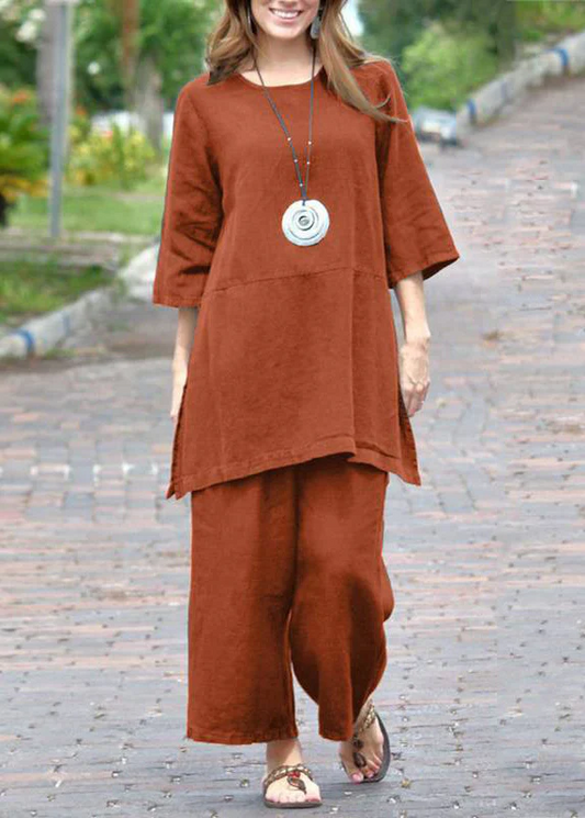 Caramel-colored round-neck side-opening cardigan and cropped pants two-piece set