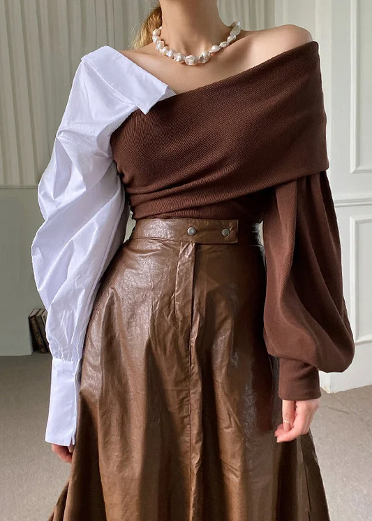 Women's Holiday Party Brown Asymmetric Patchwork Cotton Knit Top