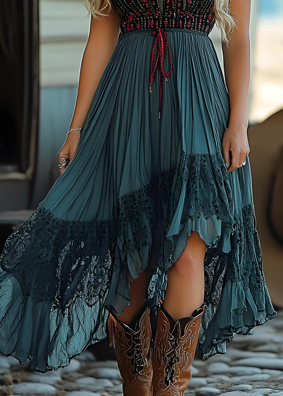 Women's Beach Bohemian Blue Halter Lace Crinkle Patchwork Cotton Dresses