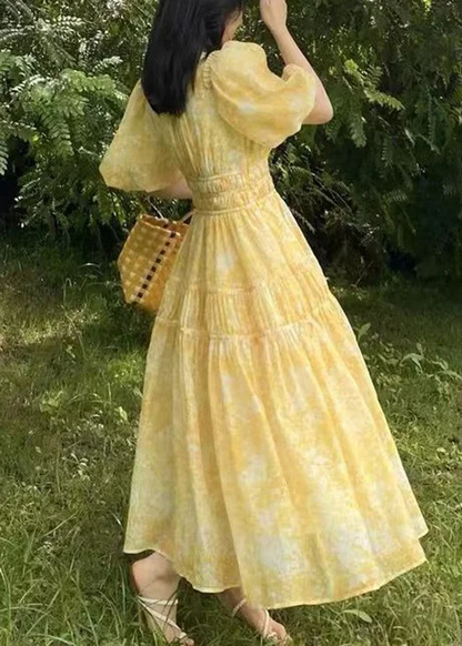 Women's Boho Yellow V-Neck Printed Long Dresses
