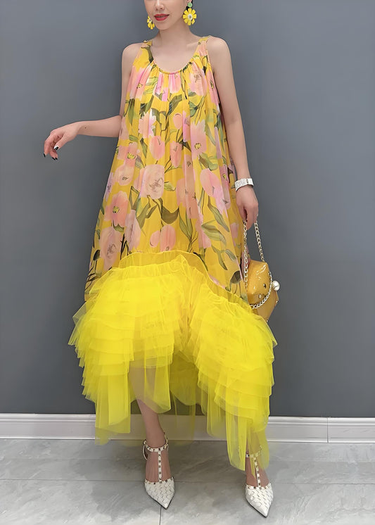 Women's Yellow Printed Ruffle Tulle Patchwork Sleeveless Dress