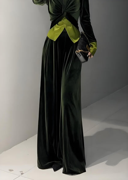 Women's Green V-Neck Velvet Two-Piece Set Spring