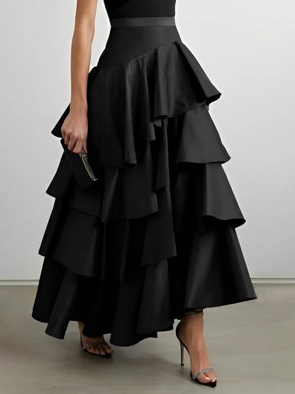 Women's A-line High Waist Ruffle Black Half-body Skirt Spring