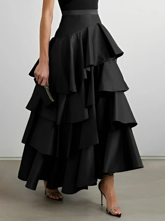Women's A-line High Waist Ruffle Black Half-body Skirt Spring