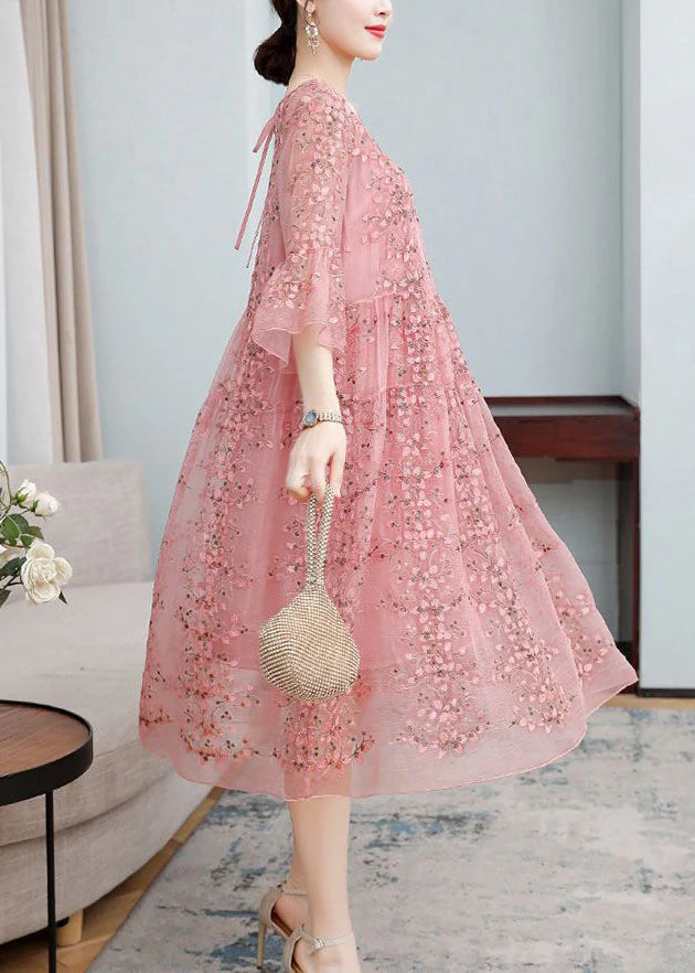 Women's Embroidered Ruffle Tie Dress Flared Sleeve