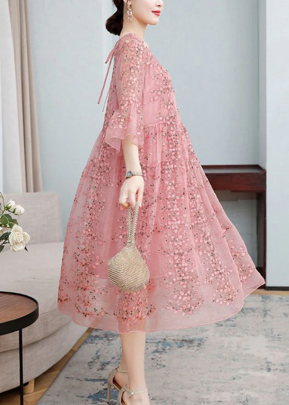 Women's Embroidered Ruffle Tie Dress Flared Sleeve