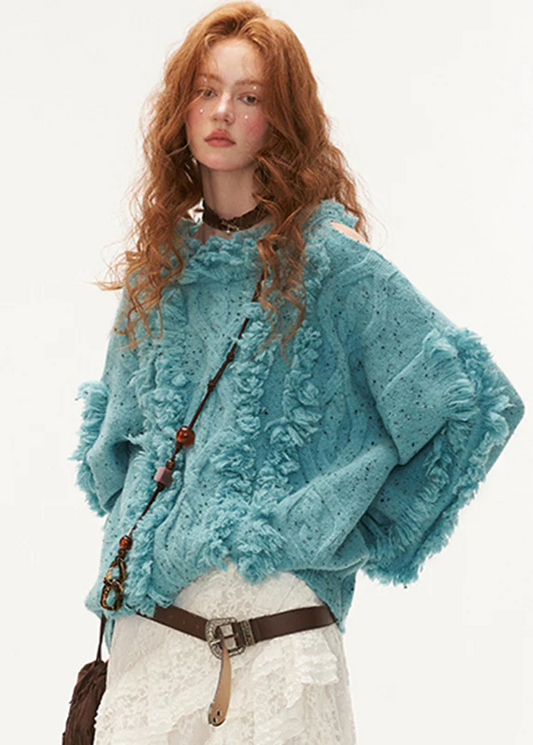 Women's Loose Strapless Fringed Thick Cotton Knit Sweater