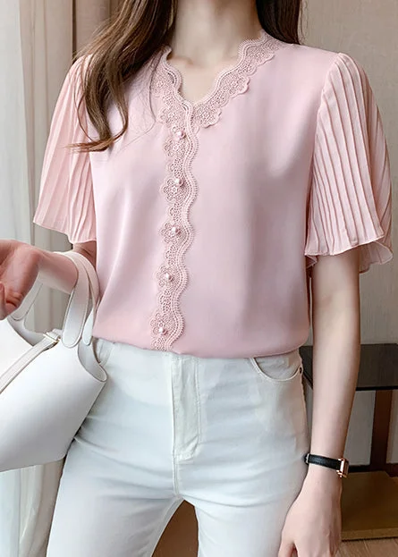 Pink Lace Patchwork Beaded Chiffon