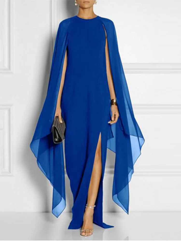 French Split Hem Cape Sleeve Extra Long Dress