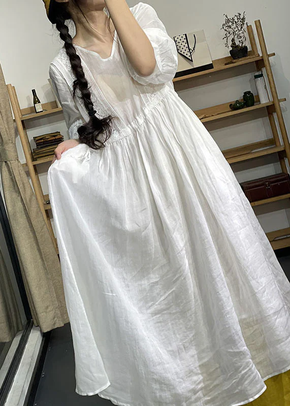 Women's Purple V Neck Waist Lace Patchwork Oversized Hem Cotton Dress Spring Summer