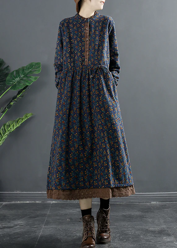 Ruffle Button Printed Scrunchy Dress Long Sleeve