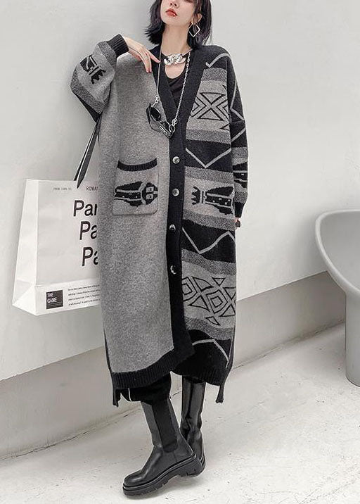 Women's Gray V Neck Asymmetric Design Printed Knit Long Jacket Long Sleeve Spring