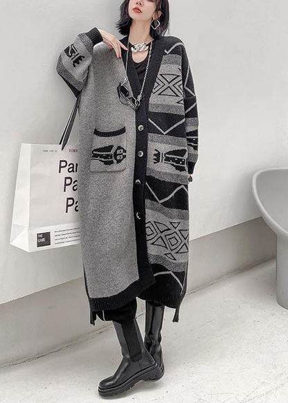 Women's Gray V Neck Asymmetric Design Printed Knit Long Jacket Long Sleeve Spring
