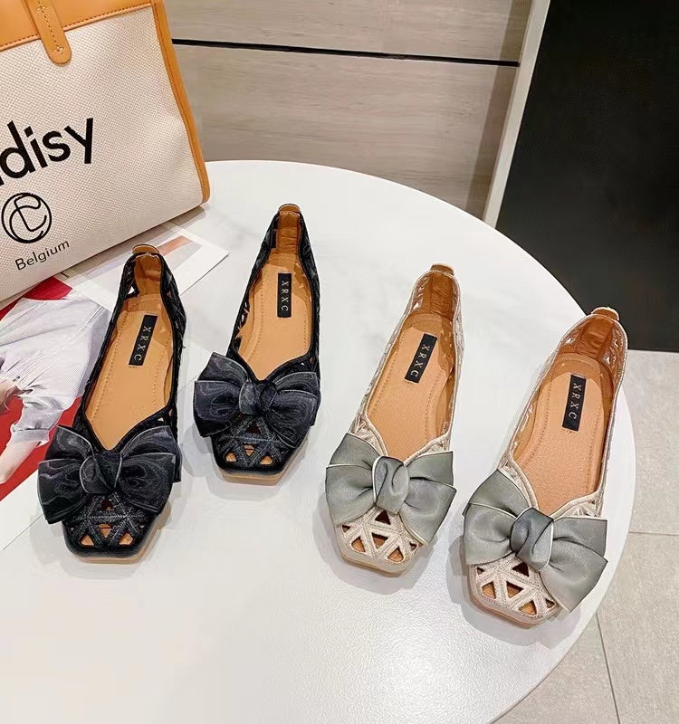 Vintage Baotou Apricot Hollow Bow Flats
