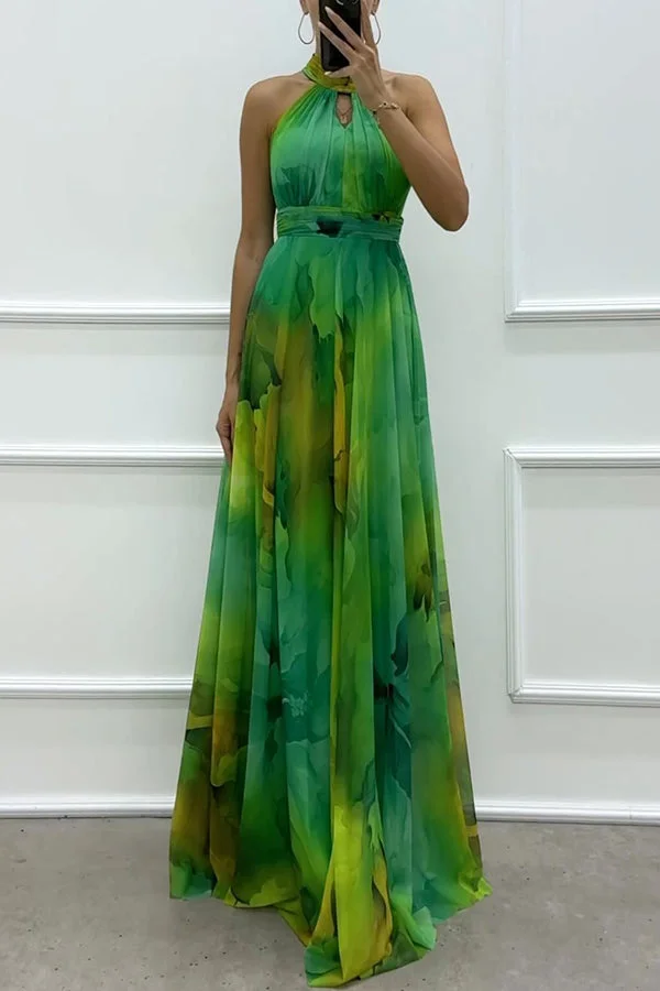 French Women's Large Tulle Floral Printed Hollow Out Halter Tie Long Dresses