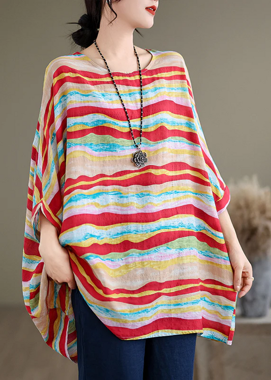 Women's O-Neck Stripe Plus Cotton Shirt Top