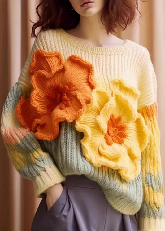 Women's Floral Apricot Floral Comfortable Cotton Knit Long Sleeve Sweater