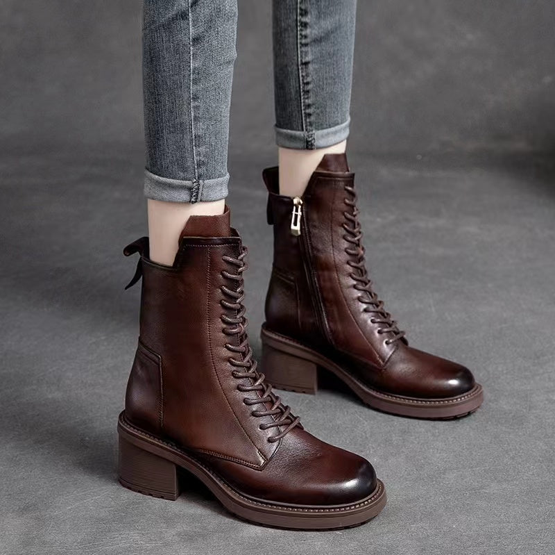 Fashion Casual Cowhide Boots Lace Up Zipper Hundred Short Boots
