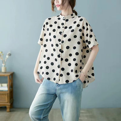 Plus Size Women's Stand Up Collar Polka Dot Short Sleeve Shirt Top