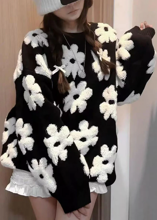 Italy Women's Black O Neck Floral Cozy Knit Sweater