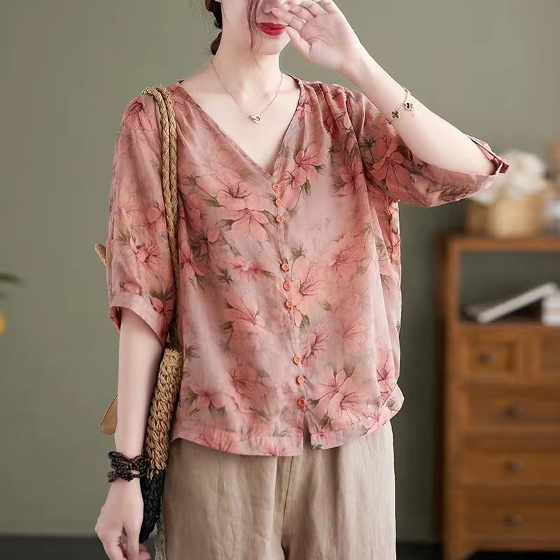 Elegant V-Neck Printed Cotton Short Sleeve Shirt Top