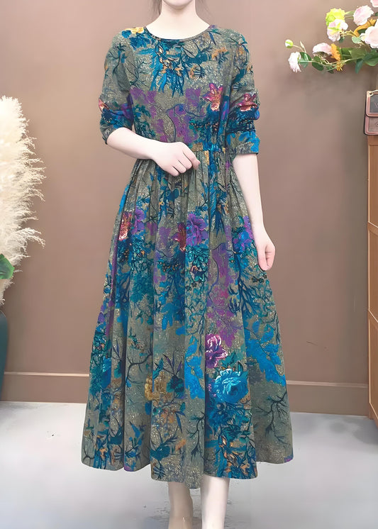 Women's Plus Size Blue O Neck Printed Pocket Cotton Half Sleeve Dress Spring