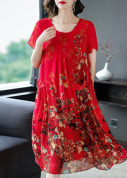 Elegant O-neck pocket print A-line dress