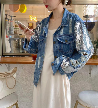 Fashion Sequins Personalized Ripped Denim Jacket