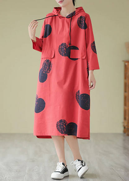 Women's Hooded Polka Dot Printed Cotton Dresses