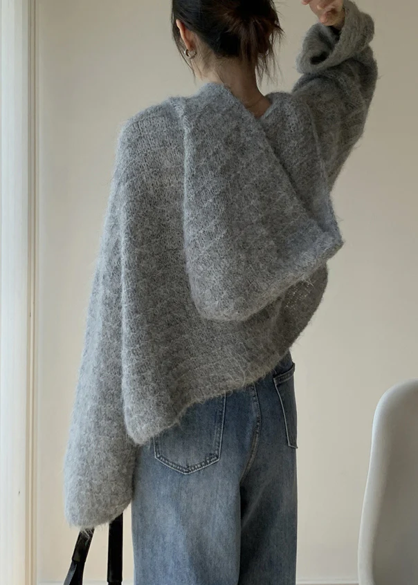 Italian Gray Cotton Hooded Knit Long Sleeve Sweater
