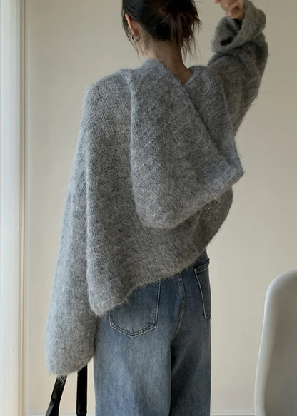 Italian Gray Cotton Hooded Knit Long Sleeve Sweater