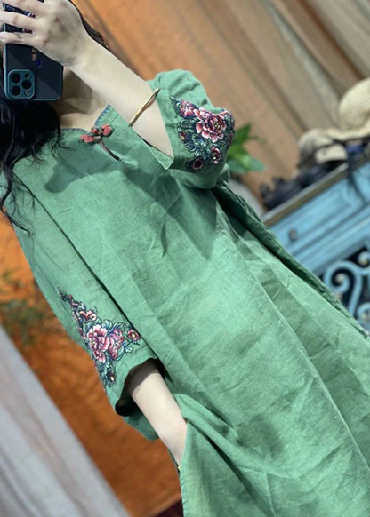 Chinese Standing Collar Embroidered Patchwork Linen Shirt Top