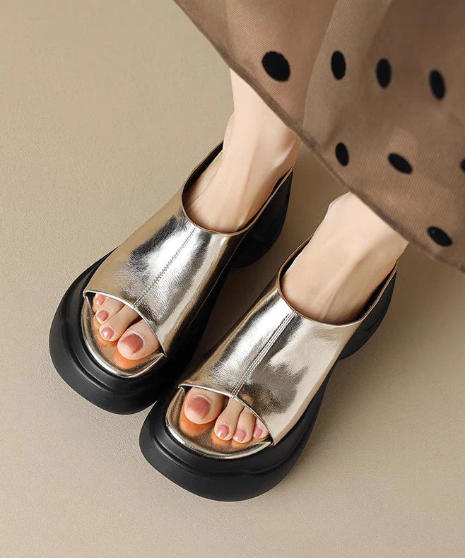 Women's Beach Gold Thick Bottom Heels Faux Leather Open Toe Sandals