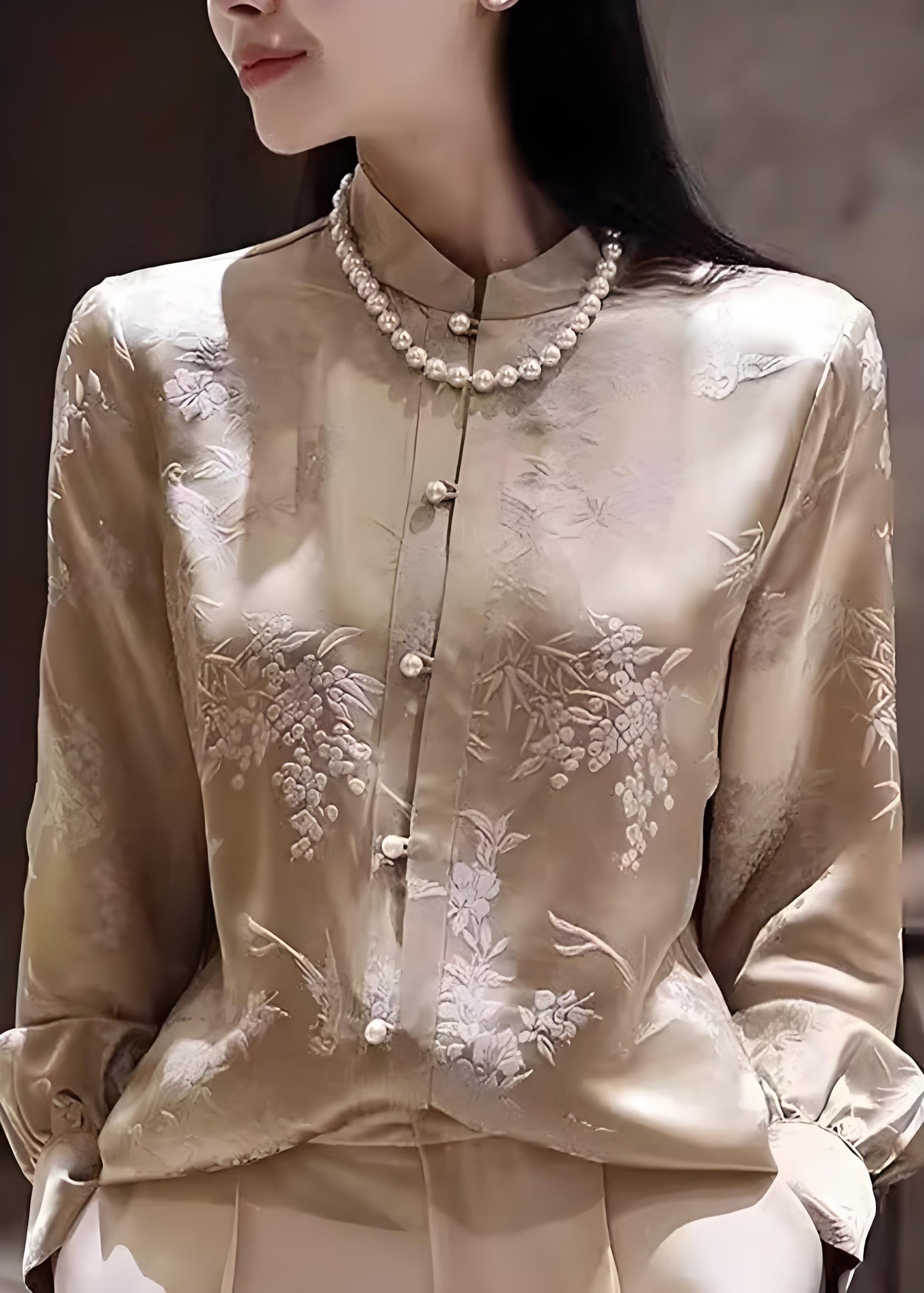 China Champagne Standing Collar Silk Shirt Spring