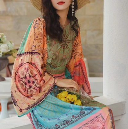 Bohemian Round Neck Printed Flared Sleeve Dress