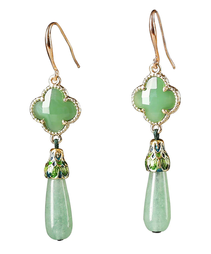 Chic Color Sterling Silver Jadeite Cloisonne Flower Dangle Earrings